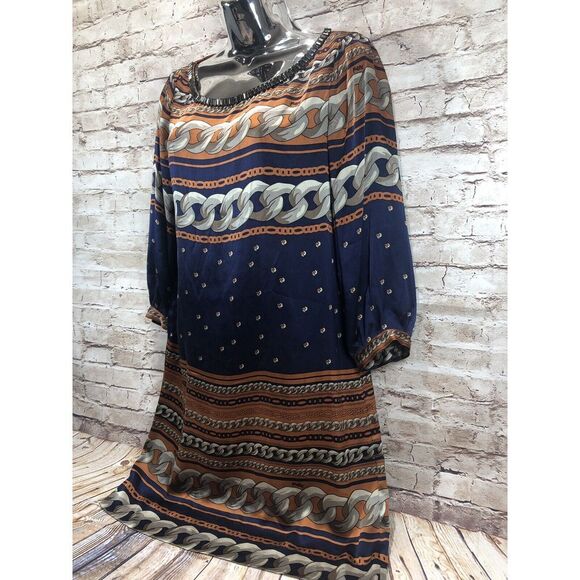 HALE BOB embellished chain link print silk dress navy brown womens sz xs - Picture 3 of 9